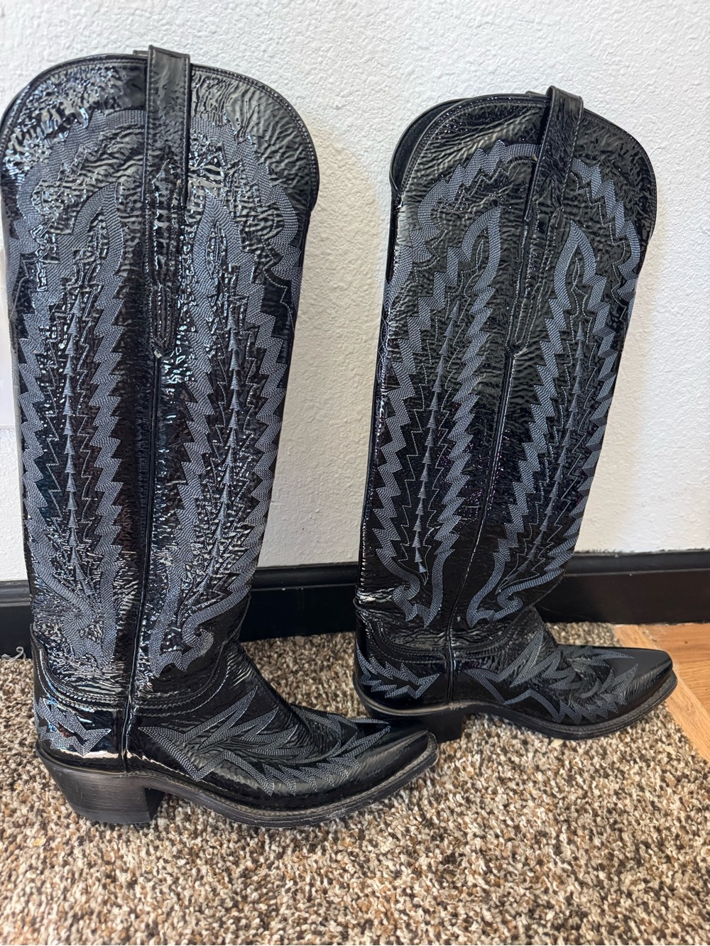 Lucchese Black Embossed Leather Over-the-Knee Western Boots - Picture 4 of 8